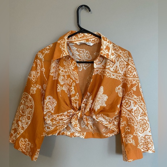 Zara Crop Top Front Tie Orange Printed Size S - Picture 3 of 8